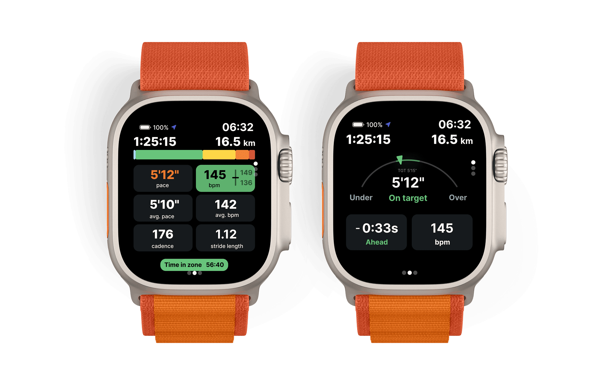 Pace It Apple Watch workout screens showing a customizable metric grid with live pace, heart rate, cadence, and stride length, alongside a gauge view with pace target zone and haptic feedback indicator.